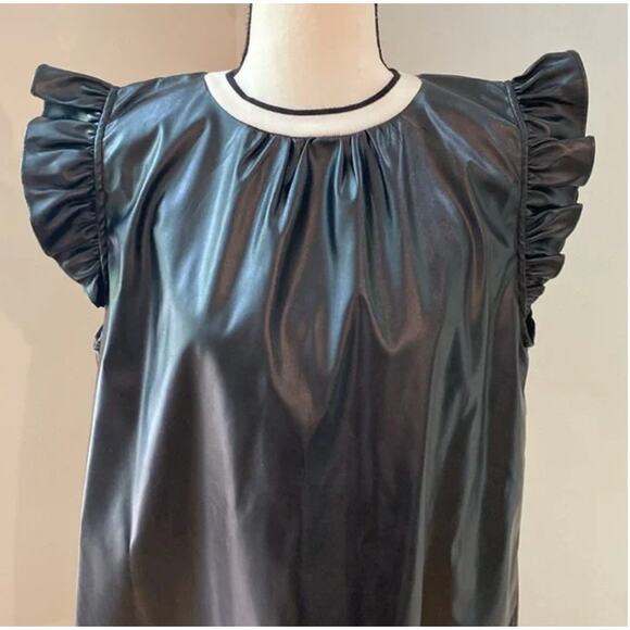 THML Small Black Faux Leather Short Flutter Sleeve Flowy Blouse Knit Neck - Picture 9 of 11